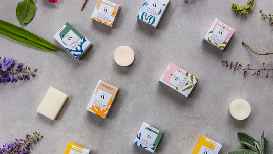 Shampoo and conditioner bars surrounded by flowers and foliage