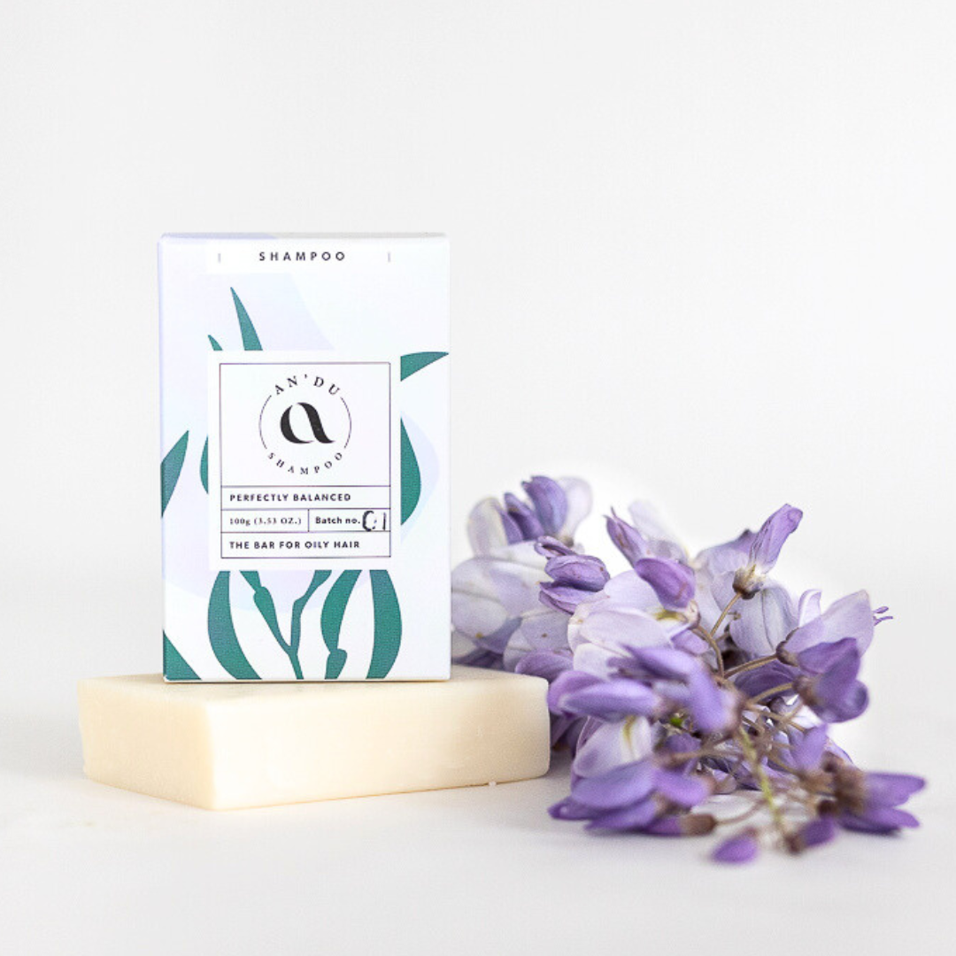 Shampoo bar for oily hair, bar and package with purple wisteria