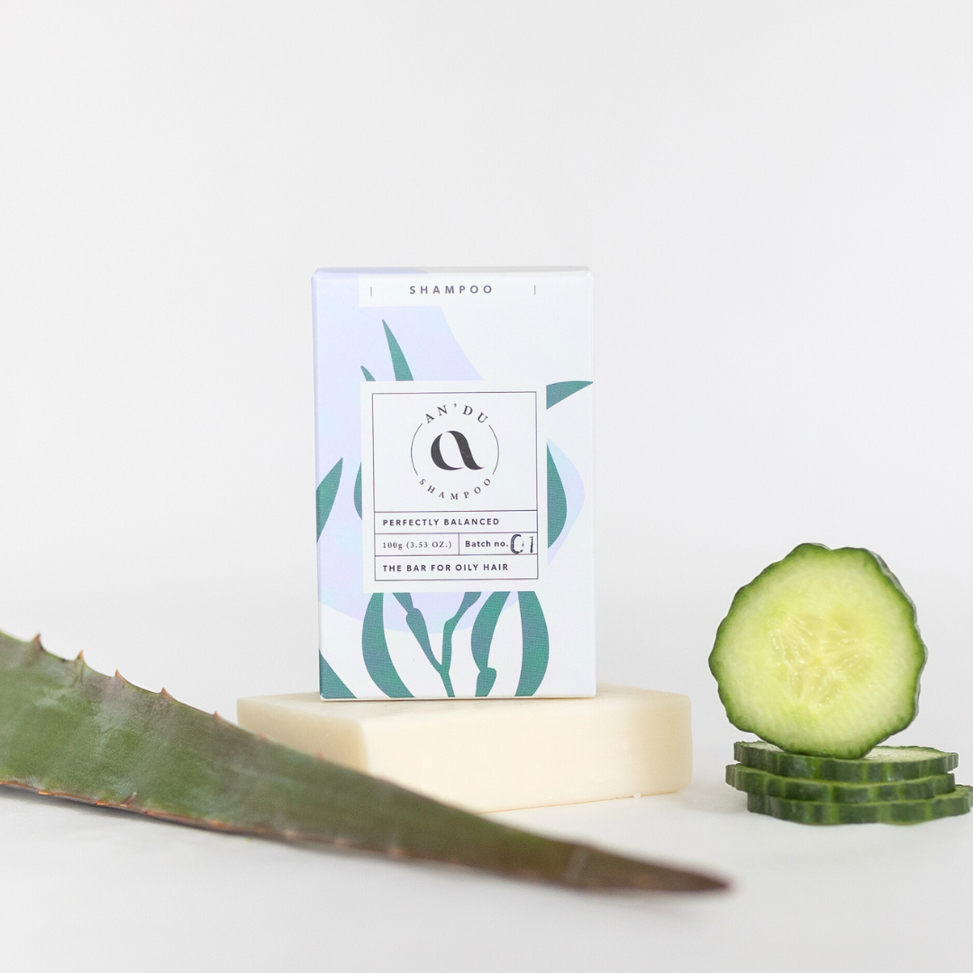 Shampoo bar for oily hair pictured with aloe vera and cucumber