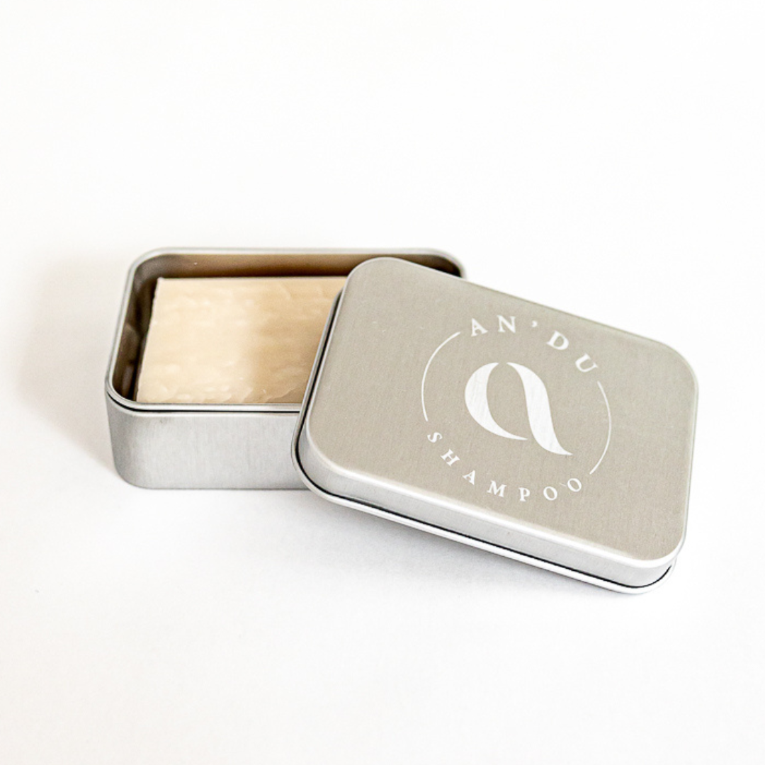 Shampoo travel tin, open with bar inside