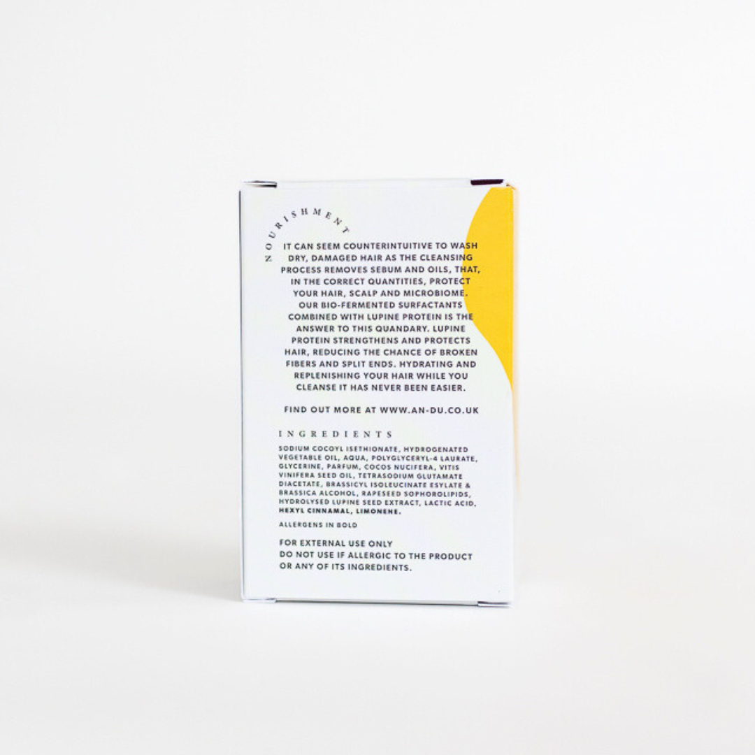 Shampoo bar for dry and damaged hair, back of package